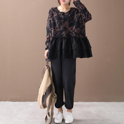 Buykud Agaric Lace Printed Spliced O-neck Blouse
