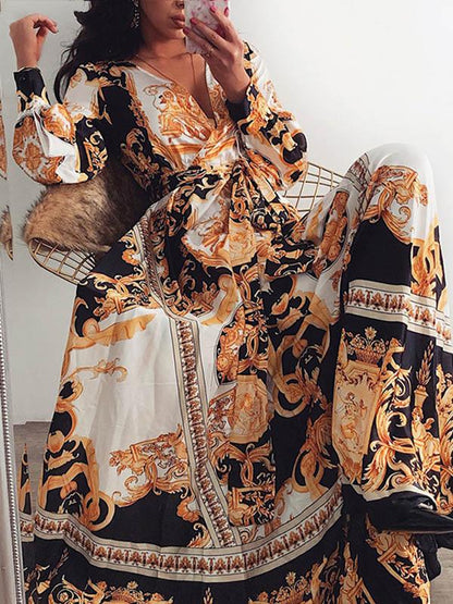 Long Sleeves V Neck Printed Maxi Dress