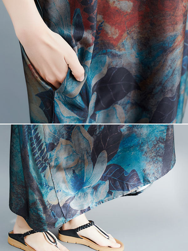 Vintage Loose Printed Stand Collar Batwing Sleeves Maxi Dress