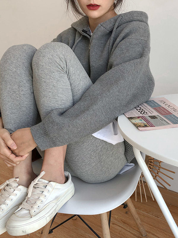 Fashion Solid Knitted Long Sleeves Hooded Outerwear