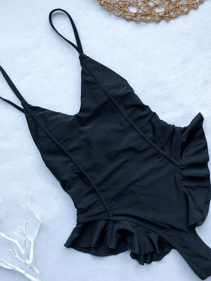 Plain Falbala Backless One Piece Swimsuit
