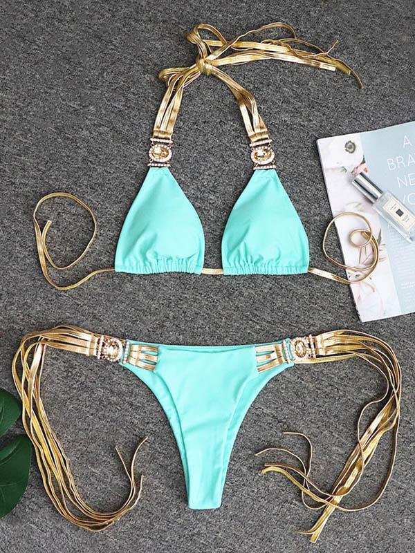 Gorgeous Embellished Triangles Bandage Split Bikini Swimsuit