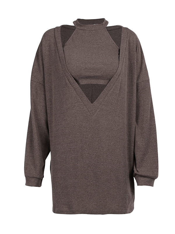 Solid Color Threaded Tanks&Pullover Two Pieces Set - kailaple