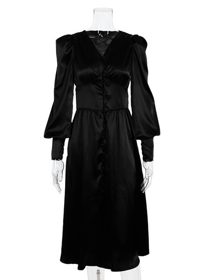 Urban Buttoned Split-Front High Waisted Puff Sleeve A-Line Midi Dress