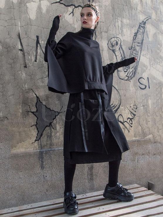 Black Batwing Sleeves High-neck Split-joint Sweatshirt