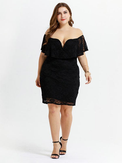 Solid Color Short Sleeve Off Shoulder Lace Mini Dress