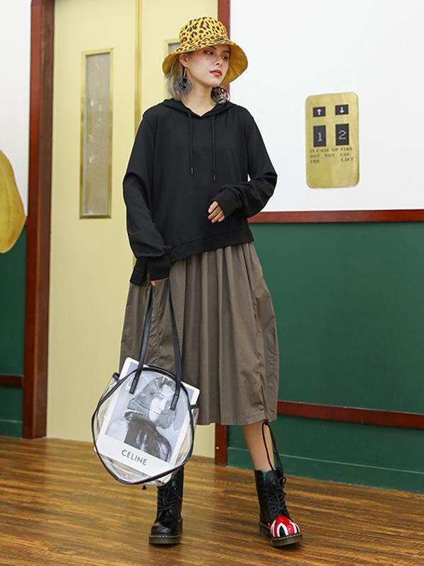 Retro False Two Split-joint Drawstring Sweatshirt Dress