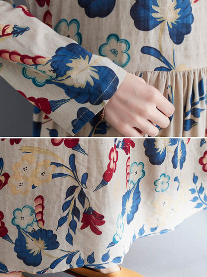 Casual Ramie Cotton Floral Printed Round-Neck Long Sleeves Over Size Maxi Dress