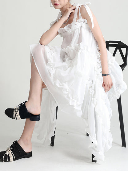 Stylish Cropped Pleated Split-Joint Bandage Spaghetti-Neck Midi Dress