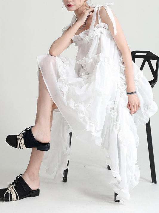 Stylish Cropped Pleated Split-Joint Bandage Spaghetti-Neck Midi Dress
