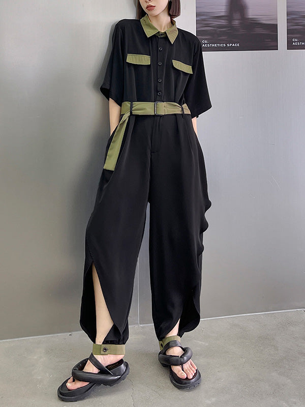Stylish Belted Polo Collar Half Sleeve High-Waisted Jumpsuits