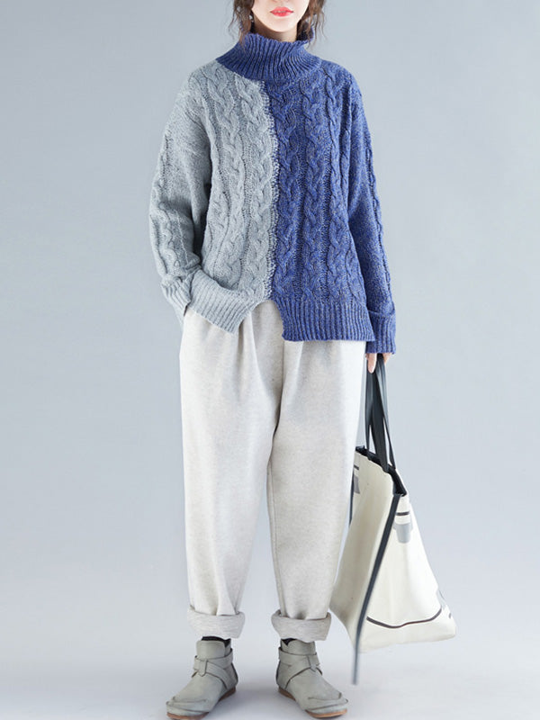 Casual Contrast Color Split-Front High-Neck Long Sleeves Sweater Tops