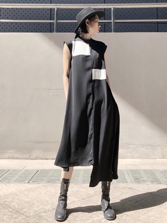 Asymmetric Sleeveless Black Long Dress