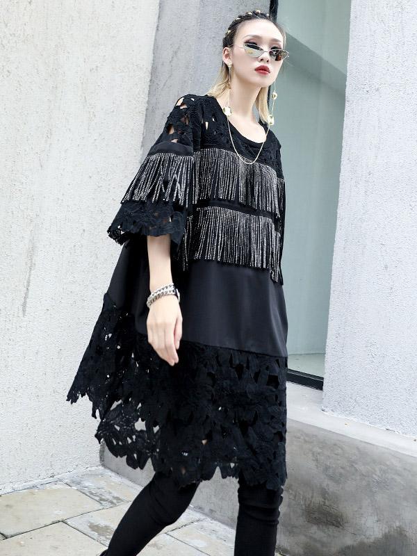Lace&Tassel Split-joint Long T-shirt