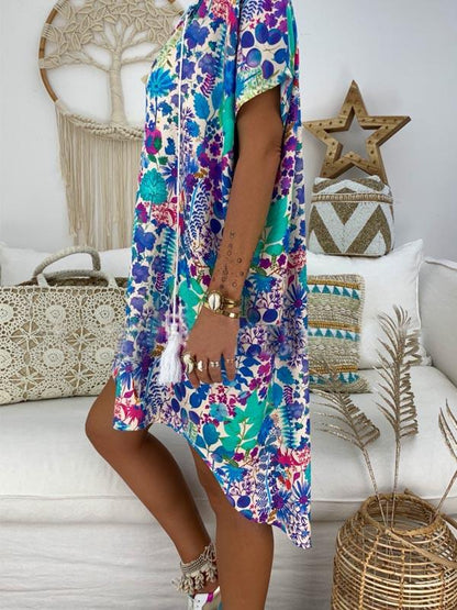 Tasseled V-neck Printed Mini Dress