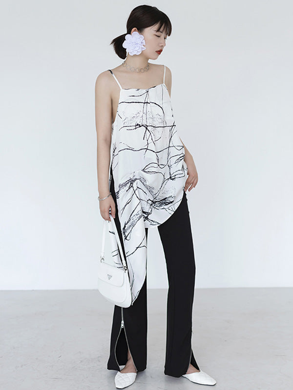 Vintage Printed Asymmetric Spaghetti-Neck Vest Top