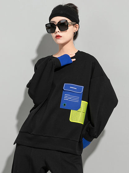 Casual Cool Contrast Color Split-Joint Letter Printed Round-Neck Long Sleeves Sweatshirts