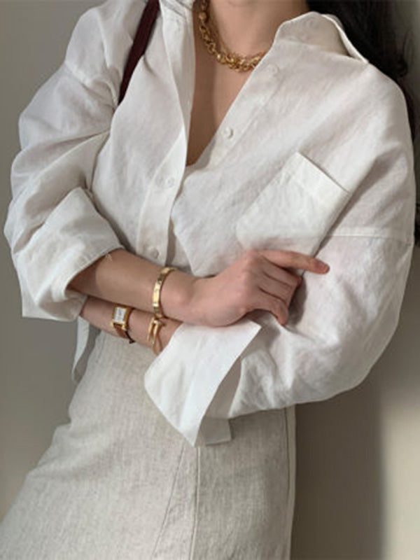 Urban Ramie Cotton Solid Color Lapel Long Sleeves Blouse