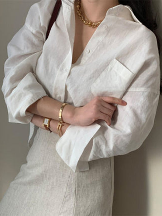 Urban Ramie Cotton Solid Color Lapel Long Sleeves Blouse