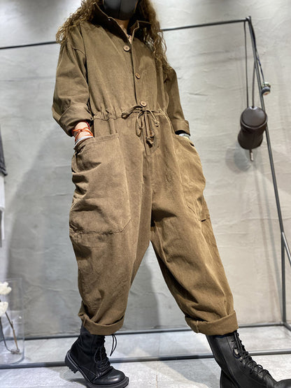 Fashion Long Sleeves Lapel Solid Color Jumpsuits