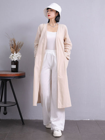 Simple Ramie Cotton Solid Color Long Sleeves Long Outerwear