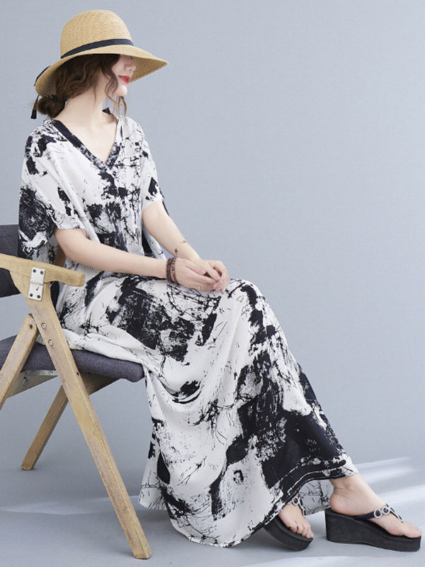 Original Ink-Printing V-Neck H-Line Maxi Dress