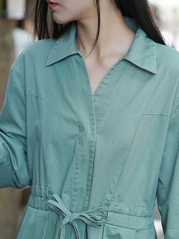 Casual Long Sleeves Loose Drawstring Tied Solid Color Lapel Collar Midi Dresses