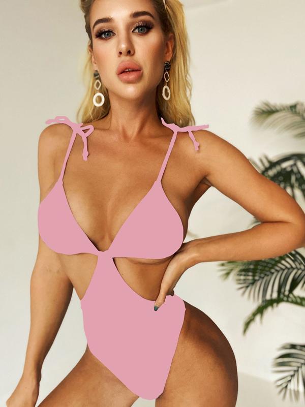 Solid Color Hollow Bandage Bikini Swimsuit