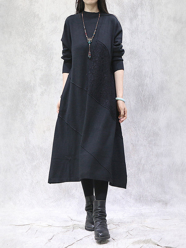 Artistic Retro Solid Color Split-Joint Embroidered High-Neck Long Sleeves Knitted Sweater Dress