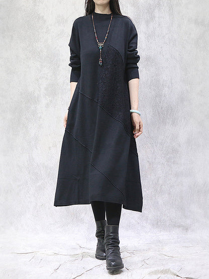 Artistic Retro Solid Color Split-Joint Embroidered High-Neck Long Sleeves Knitted Sweater Dress