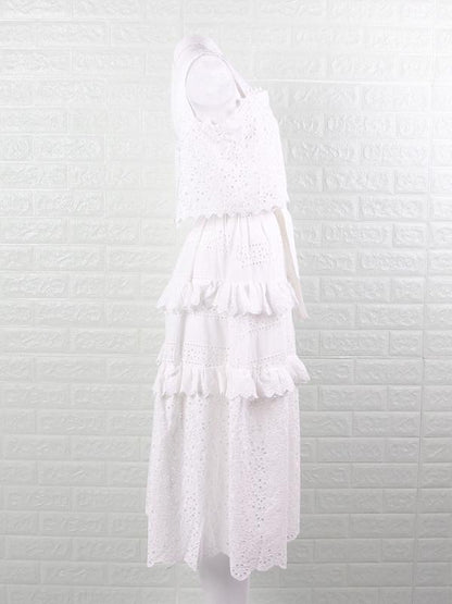 Sexy High Waist Hollow Lace Slip Cake Midi Dress