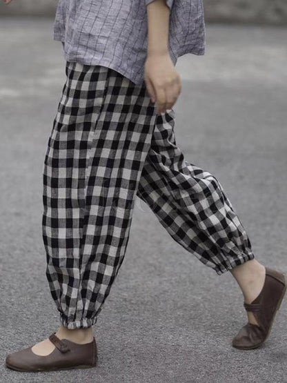 Retro Linen Plaid Casual Harem Pants