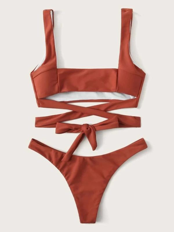 Solid Color Bandage Split Bikini Swimsuit