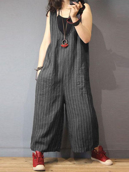 Striped V-neck With-pockets Wide Leg Jumpsuits