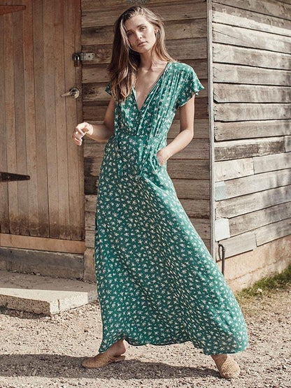 Printed Bow-embellished V-neck Maxi Dress