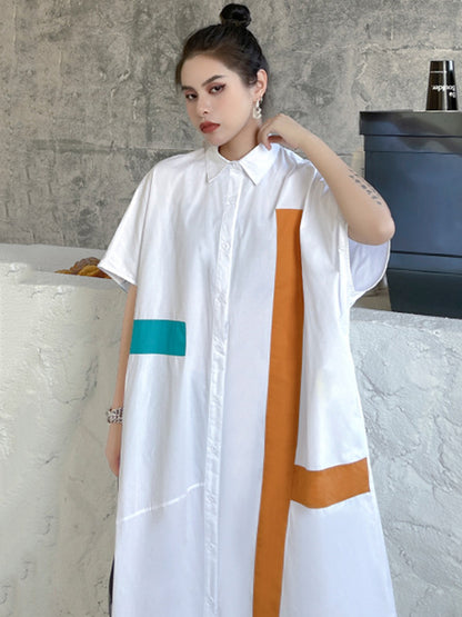 Original Loose Contrast Color Striped Printed Midi Shirt Dress