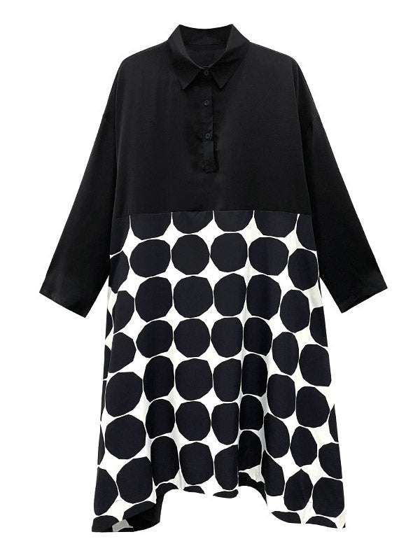 Stylish Irregular Polka-Dot Spit-Joint Buttoned Lapel Collar Long Sleeves A-Line Midi Shirt Dress