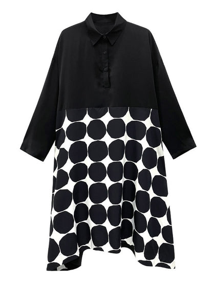 Stylish Irregular Polka-Dot Spit-Joint Buttoned Lapel Collar Long Sleeves A-Line Midi Shirt Dress