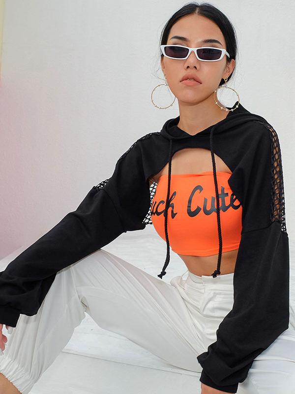 Fashion Split Joint Gauze Short Hoodies&Sweatshirt Tops