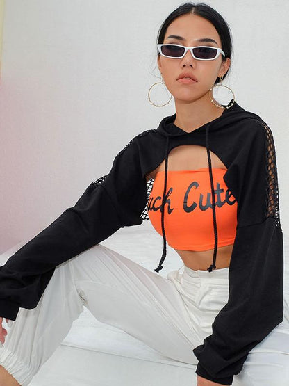 Fashion Split Joint Gauze Short Hoodies&Sweatshirt Tops