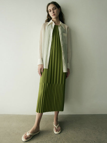 Fashion Spaghetti-Neck Solid Color Pleated Vest Dress Midi Dress