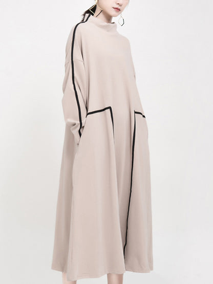 Casual Contrast Color Split-Joint Stand Collar Long Sleeves Midi Dress