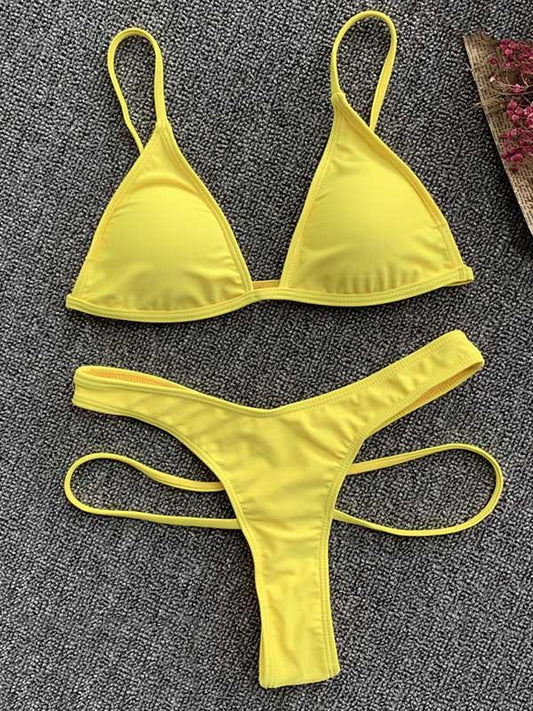 Solid Color Spaghetti-Neck Split Bikini Swimsuit