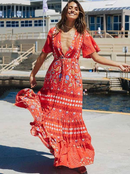 Split-joint Printed Bohemia Maxi Dress