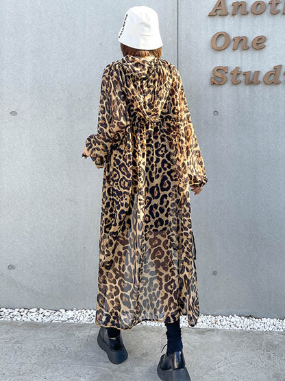 Original Leopard Zipper Split-Side Hooded Long Sleeves Sun-Protection Outerwear