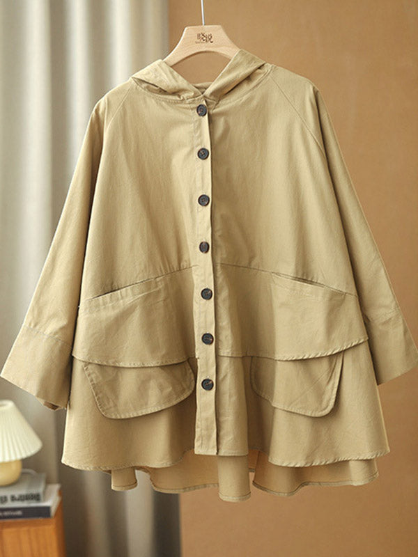 Urban Buttoned Solid Color Hooded Batwing Sleeve Loose Outerwear