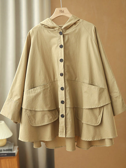 Urban Buttoned Solid Color Hooded Batwing Sleeve Loose Outerwear