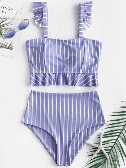 Ruffle High Waisted Stripe Plaid Bikini Swimsuit