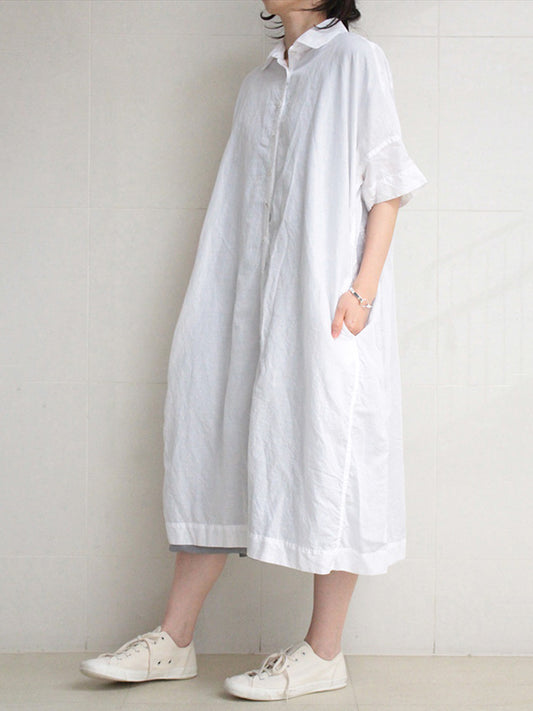 Urban Buttoned Solid Color Lapel Batwing Sleeve Midi Dress
