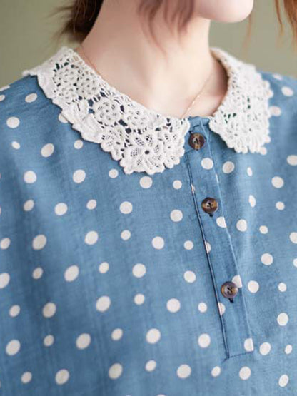 Artistic Retro Loose Polka-Dot Hollow Lace Peter Pan Collar Blouse